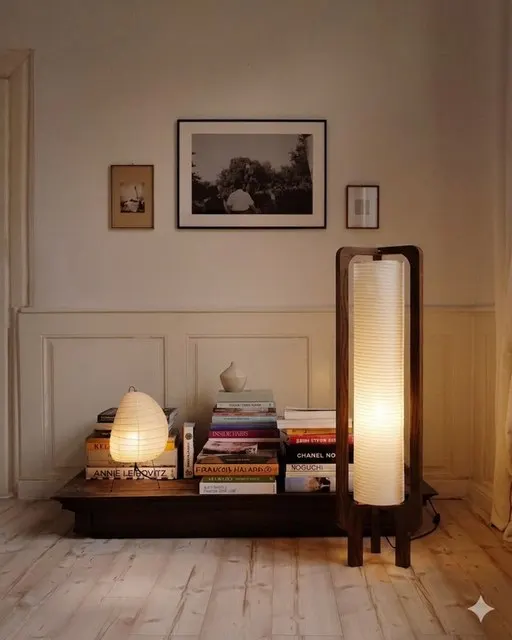 La lámpara montada y encendida: madera, pantalla y luz cálida.
