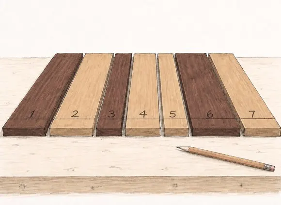«Trama» Outdoor Coffee Table — The seven slats laid out and numbered