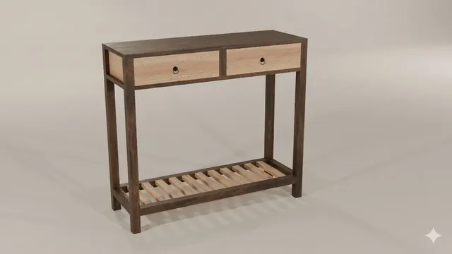 Estructura de nogal, frentes y balda en madera clara: la consola terminada.